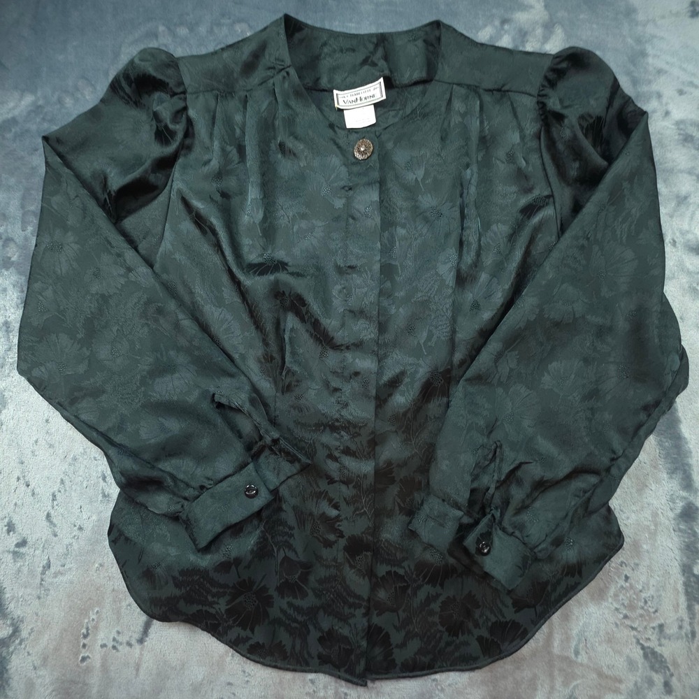 Vintage Charlotte Van Horne Black Floral Jacquard Blouse Puff Sleeve Size 12